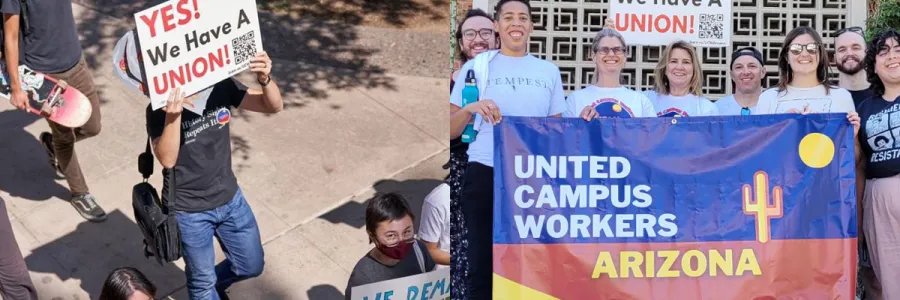 collage of UCW two rallies and members smiling