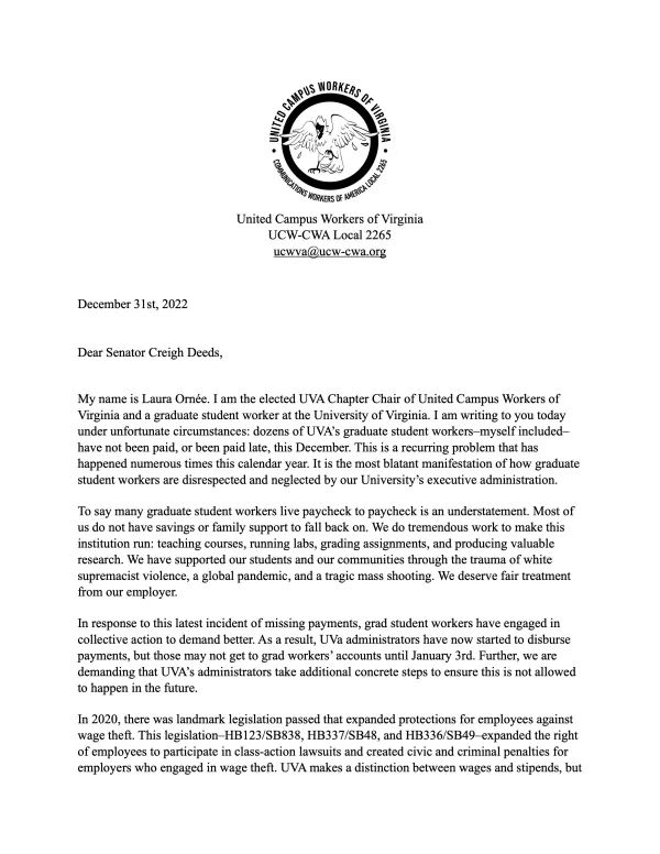 Letter to Sen. Deeds