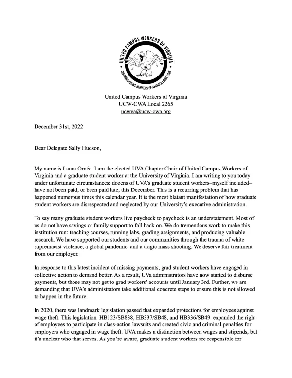 Letter to Del. Hudson